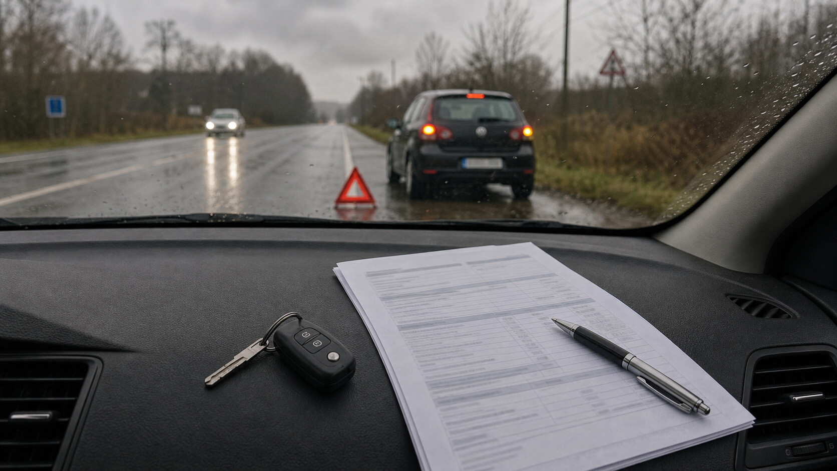 Voiture immobilisée avec contrat d'assistance et clé posés sur le tableau de bord