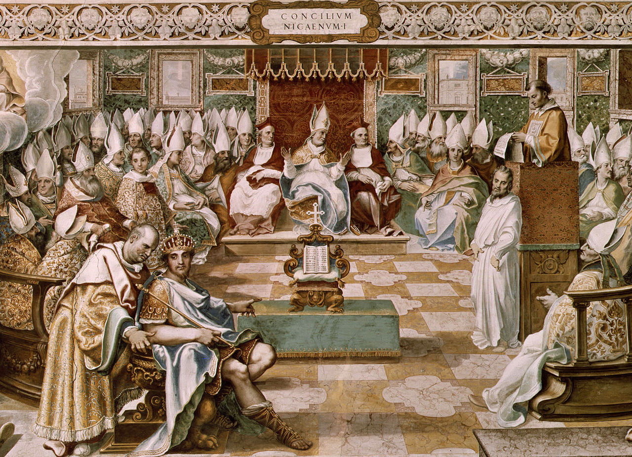 Premier Concile de Nicée, représenté par Cesare Nebbia, ~1560 : Ouverture du Concile de Nicée (325) par l'Empereur Constantin Ier le Grand